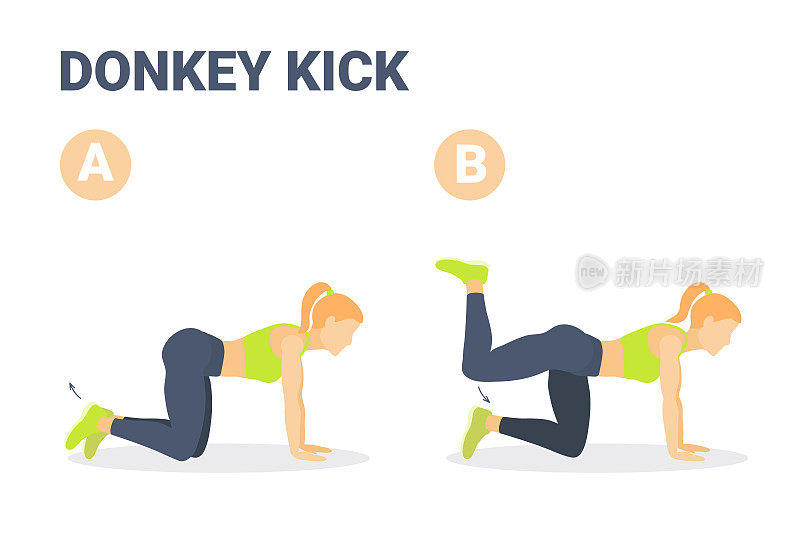 Donkey Kick Female Home Workout Exercise Guide. Colorful Concept of Young Woman Kick Back and Up